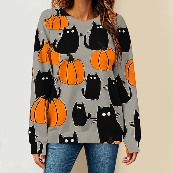 Halloween Sweatshirts for Women Plus Size Fall Graphic Crew Neck Long Sleeve Pullover Sweatshirt