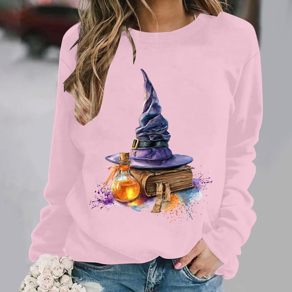 Halloween Sweatshirts for Women Plus Size Long Sleeve Round Neck Horror Print Pullover