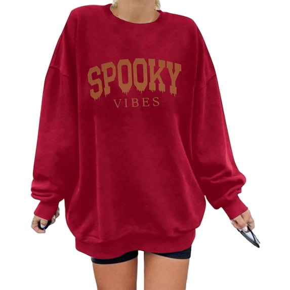 Halloween Sweatshirts for Women Plus Size Trendy Spooky Vibes Letter Printed Graphic Tops Fall Long Sleeve Drop Shoulders Pullovers Tshirts Red M