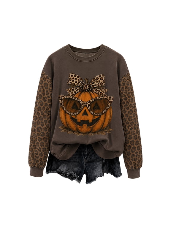 Halloween Sweatshirts for Women Pumpkin Leopard Long Sleeve Tops Fall Oversize Bow Tie Pumpkin Crewneck Pullover M