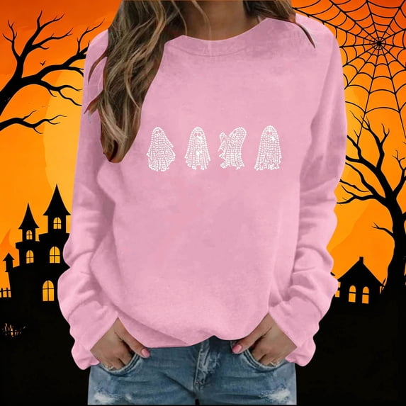Halloween Sweatshirts for Women Rhinestone Spooky Season Graphic Long Sleeve Crewneck Pullover Tops