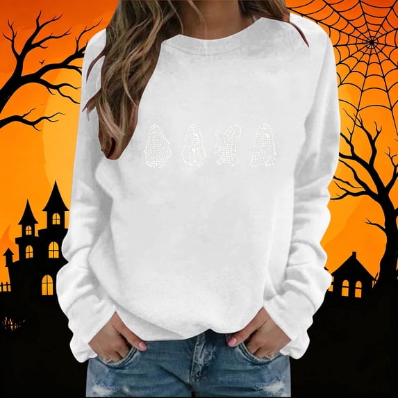 Halloween Sweatshirts for Women Rhinestone Spooky Season Graphic Long Sleeve Crewneck Pullover Tops