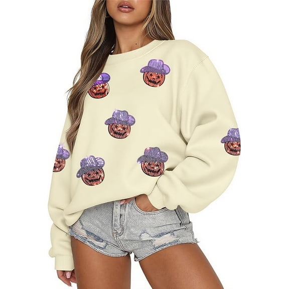 Halloween Sweatshirts for Women Sequin Ghost Pumpkin Sweatshirt Funny Spooky Season Shirt Sparkle Fall Pullover Tops
