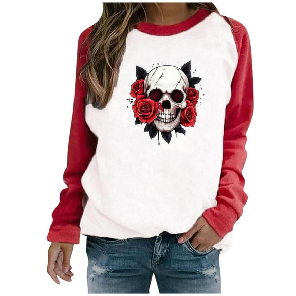 Halloween Sweatshirts for Women Skull Graphic T Shirts Raglan Long Sleeve Crew Neck Pullover Tops Fall Clothes