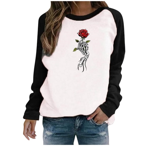 Halloween Sweatshirts for Women Skull Graphic T Shirts Raglan Long Sleeve Crew Neck Pullover Tops Fall Clothes