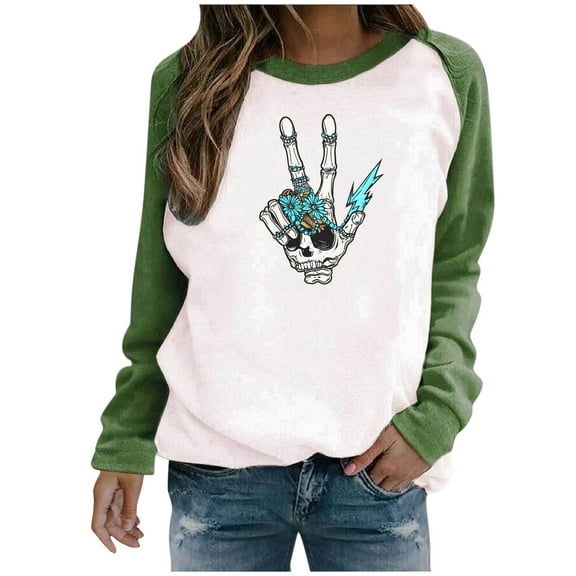Halloween Sweatshirts for Women Skull Graphic T Shirts Raglan Long Sleeve Crew Neck Pullover Tops Fall Clothes