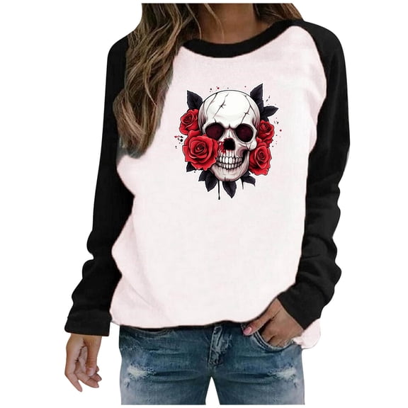 Halloween Sweatshirts for Women Skull Graphic T Shirts Raglan Long Sleeve Crew Neck Pullover Tops Fall Clothes
