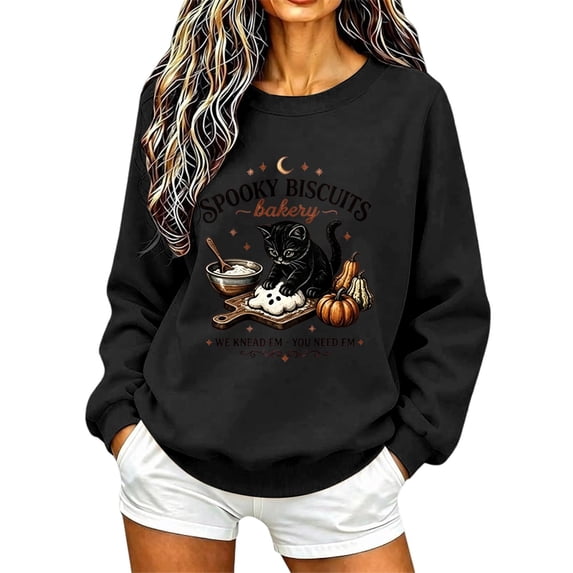 Halloween Sweatshirts for Women Trendy Spooky Biscuits Bakery Letter Printed Graphic Tops Fall Long Sleeve Loose Pullovers Tshirts Black XXL