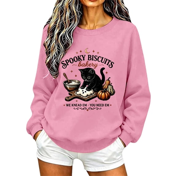 Halloween Sweatshirts for Women Trendy Spooky Biscuits Bakery Letter Printed Graphic Tops Fall Long Sleeve Loose Pullovers Tshirts Pink S