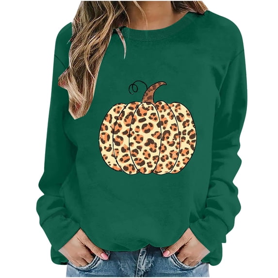 Halloween Sweatshirts for Women Yotami Crewneck Loose Long Sleeve Shirts for Holiday Cute Pumpkin Print Fall Clothes (Army Green, M)