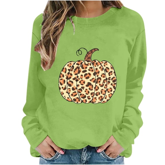 Halloween Sweatshirts for Women Yotami Crewneck Loose Long Sleeve Shirts for Holiday Cute Pumpkin Print Fall Clothes (Green, M)