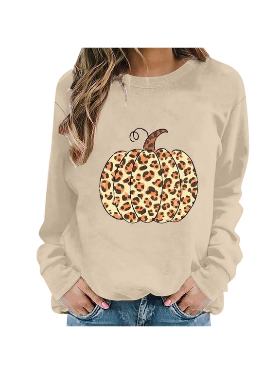 Halloween Sweatshirts for Women Yotami Crewneck Loose Long Sleeve Shirts for Holiday Cute Pumpkin Print Fall Clothes (Khaki, L)