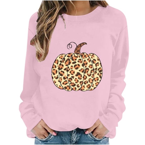 Halloween Sweatshirts for Women Yotami Crewneck Loose Long Sleeve Shirts for Holiday Cute Pumpkin Print Fall Clothes (Pink, XL)