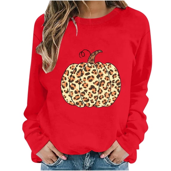 Halloween Sweatshirts for Women Yotami Crewneck Loose Long Sleeve Shirts for Holiday Cute Pumpkin Print Fall Clothes (Red, M)