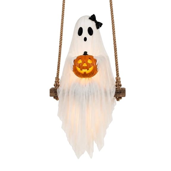 Halloween Swing Ghost Hanging Decor with Glowing Pumpkin, 43 Inch LED White Tulle Ghost Holding LED Pumpkin Lantern, Swing Rope Hanging Ornament for Porch Window Yard