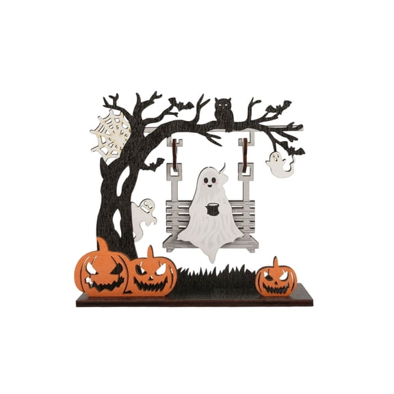 Halloween Swing Wooden Tabletop Ornament, Color Printed Pumpkin Ghost Skeleton Rocking Swing Decor for Desk & Holiday Layout(B)