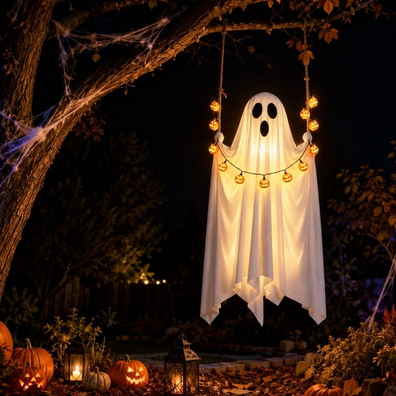 Halloween Swinging Ghost Outdoor Decor, Remote Control Light Up Hanging Ghost for Porch Tree Yard Garden and Haunted House, 17.72 Inch