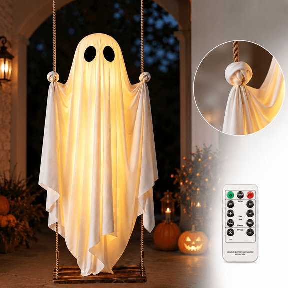 Halloween Swinging Ghost Prop, White Cloth Lighted Figure with Remote Control and Hanging Swing for Porch Tree Yard Display, 31.5 x 13 in