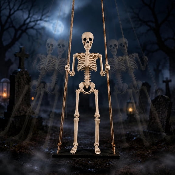 Halloween Swinging Skeleton on Swing, Outdoor Swinging Ghost Decor, 35.4" Hanging Skeleton with 13.8" Wooden Seat for Yard, Porch, Tree, Spooky Halloween Decorations