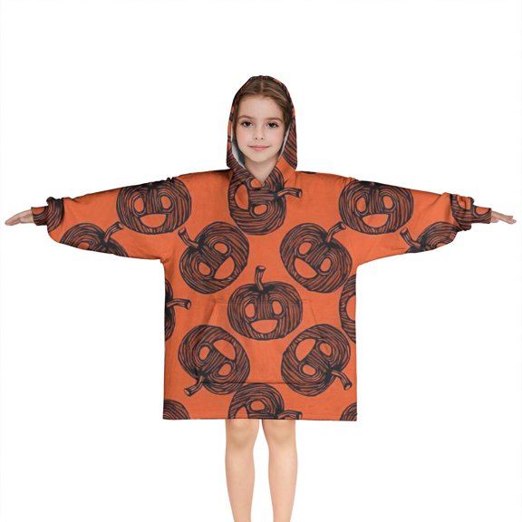 Halloween Swirled Pumpkins Pattern Blanket Hoodies for Kids 6-13YR Oversize Wearable Blanket Hoodies for Boys Girls Teens