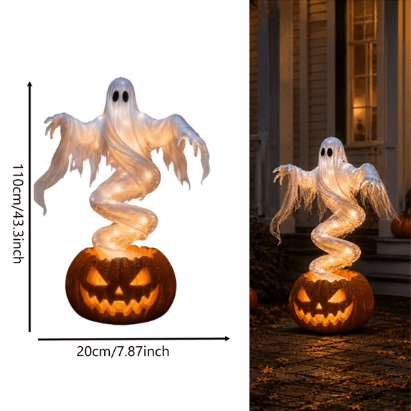 Halloween Swirling Ghost Pumpkin Yard Lamp Outdoor Decor, Large Lighted Spooky Ghost Statue, Warm LED Light for Porch Pathway, Fall Garden Lawn Holiday Ornament for Halloween Party Decoration