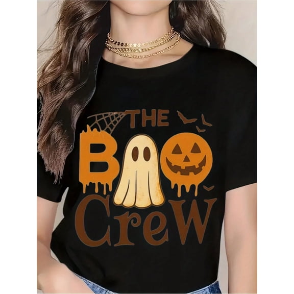 Halloween T-Shirt The Boo Crew Ghost And Pumpkin Design For Women, Fun Spooky Costume Tee For Halloween Party, Cute Fall Festival Wear, Comfortable Cotton Top For Autumn