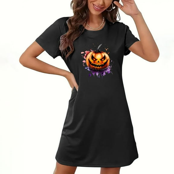 Halloween T Shirt Dress for Women Scary Pumpkin Graphic Casual Short Sleeve Tunic Dress Fall Holiday Party Outfit