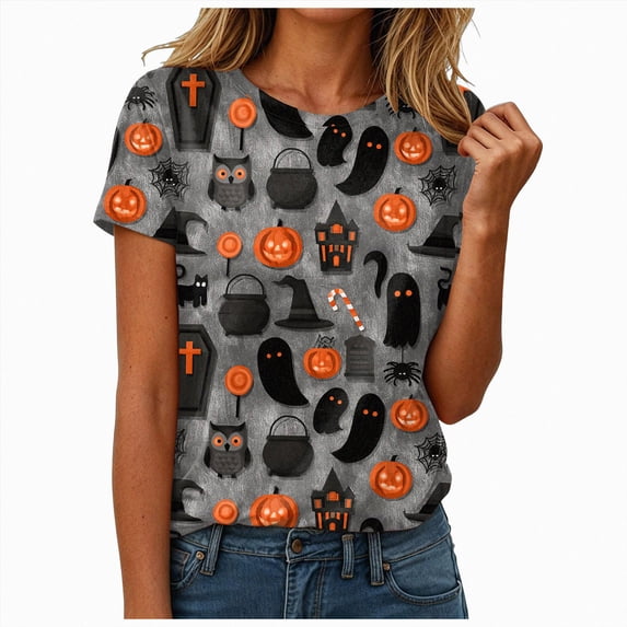 Halloween T Shirt For Women Short Sleeve T Shirt Printing Loose Top Spooky Season Tee Halloween Party