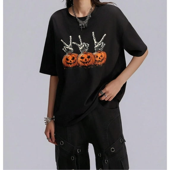 Halloween T Shirt Pumpkin Print Graphic Tee For Women Mysterious Style Short Sleeve Round Neck Black S-5XL