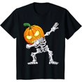 thumbnail image 1 of Halloween T-Shirt，Skeleton Pumpkin Dabbing Tee for Women，Graphic Tees，Comfort Top，Funny，cotton，black，S-5XL, 1 of 1