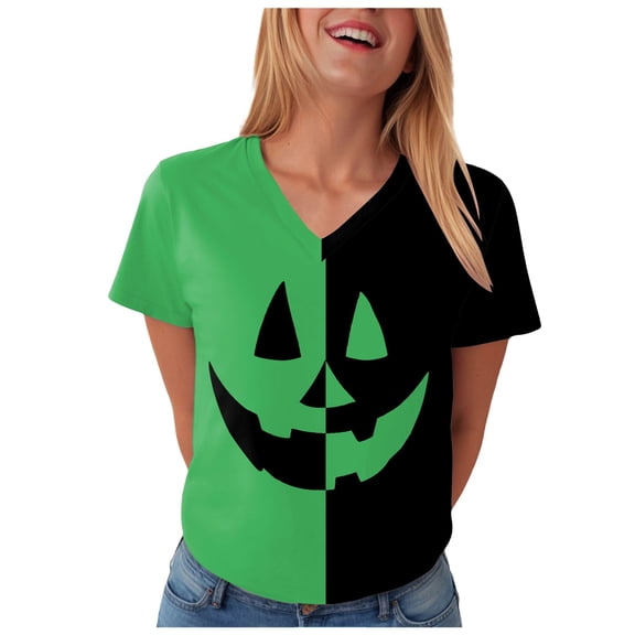 Halloween T Shirt Women Funny Pumpkin Face Printed Cute Tee Short Sleeve Casual Funny Halloween Party Tops