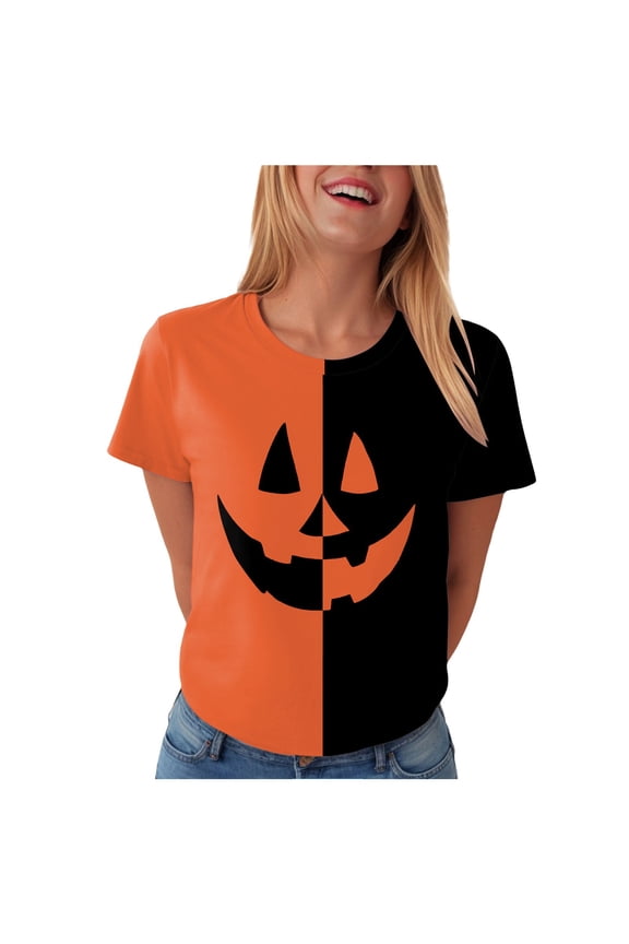Halloween T Shirt Women Funny Pumpkin Face Printed Cute Tee Short Sleeve Casual Funny Halloween Party Tops
