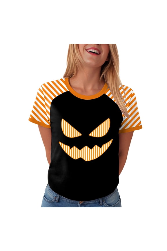 Halloween T Shirt Women Funny Pumpkin Face Printed Cute Tee Short Sleeve Casual Funny Halloween Party Tops