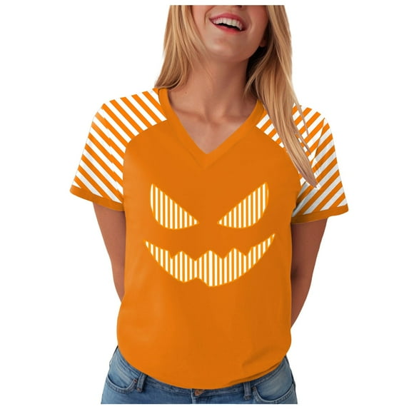 Halloween T Shirt Women Funny Pumpkin Face Printed Cute Tee Short Sleeve Casual Funny Halloween Party Tops
