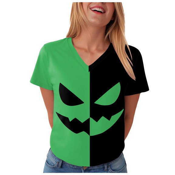 Halloween T Shirt Women Funny Pumpkin Face Printed Cute Tee Short Sleeve Casual Funny Halloween Party Tops