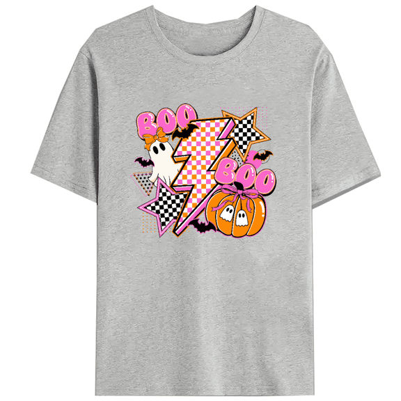 Halloween T-Shirt for Women -Funny Short Sleeve Tee with Playful Ghost & Checkered Design, Print,Round Neck, Halloween Clothes,Causal,cotton,gray,S-3XL