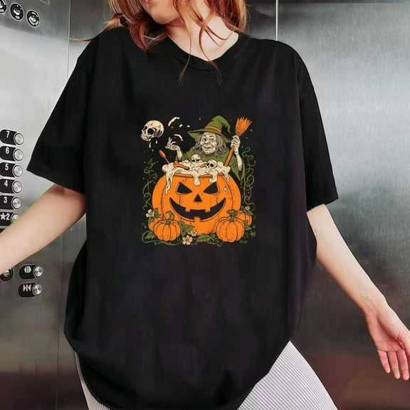 Halloween T-Shirt with Pumpkin, Witch & Skull Graphic Tee Tops，Pattern printing，Crew neck，Classic，cotton，black，S-5XL
