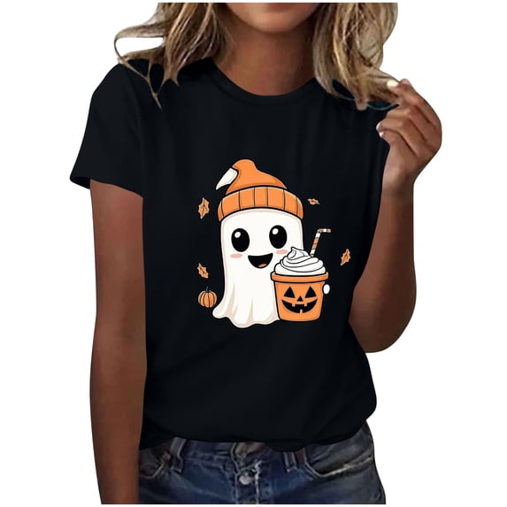 Halloween T Shirts Womens Pumpkin Ghost Printed Funny Graphic Tees Short Sleeve Crewneck Fall Holiday Tops, Black D XL