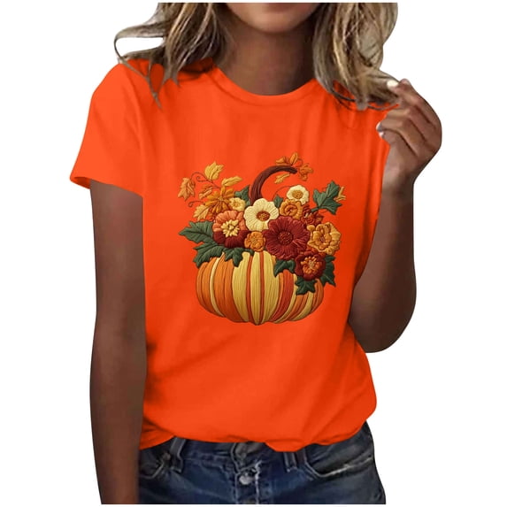 Halloween T Shirts Womens Pumpkin Ghost Printed Funny Graphic Tees Short Sleeve Crewneck Fall Holiday Tops, Orange|Autumn M
