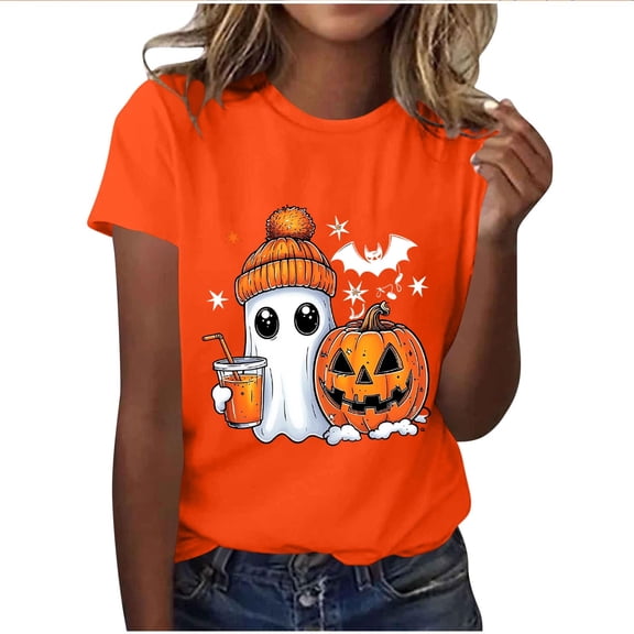 Halloween T Shirts Womens Pumpkin Ghost Printed Funny Graphic Tees Short Sleeve Crewneck Fall Holiday Tops, Orange M