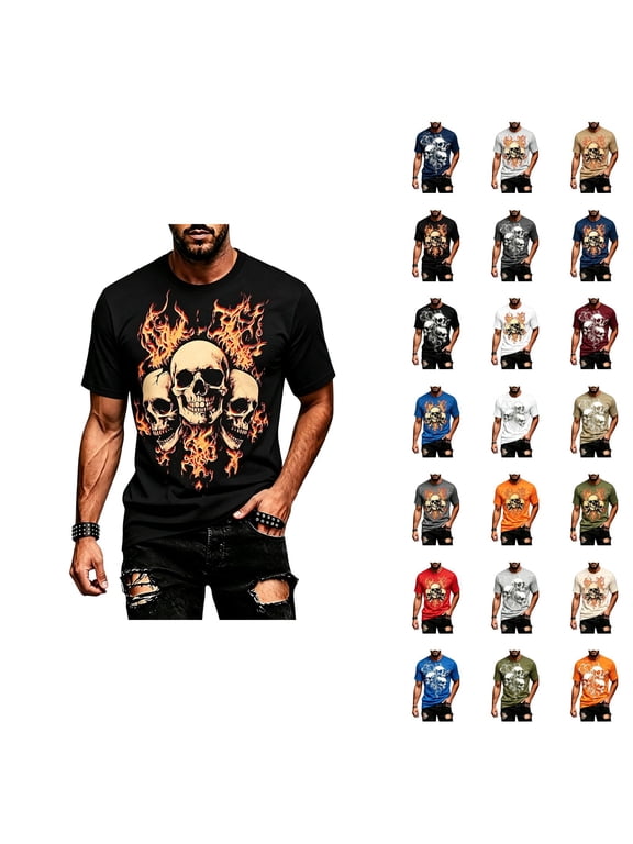 Halloween T Shirts for Men Short Sleeve Crewneck Casual Skull Graphic Tee Shirt