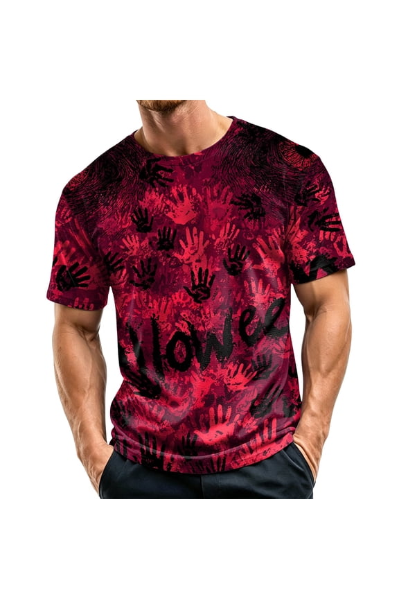 Halloween T-Shirts for Men Vintage Web All-Over Print Short Sleeve Crew Neck T-Shirt Relaxed Fit Costume Stretchy Daily Casual Tees,L,Deep Red