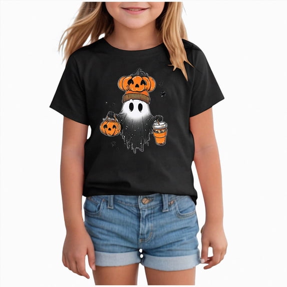 Halloween T-Shirts for Toddler Girls Short Sleeve Crew Neck Flower Ghost Pumpkin Bowknot Tees Tops 2-7 Years 18-24 Months Black