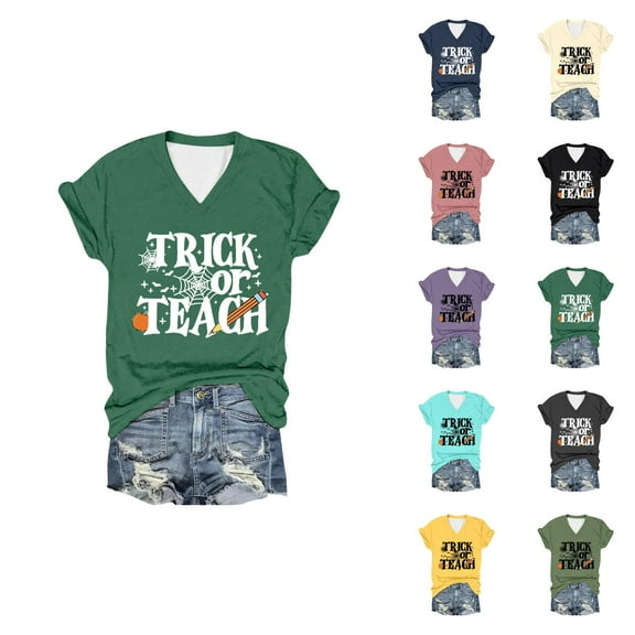 Halloween T Shirts for Women 2025 Trick Or Teach Funny Graphic Tees Short Sleeve V Neck Tshirt Womens T Shirts