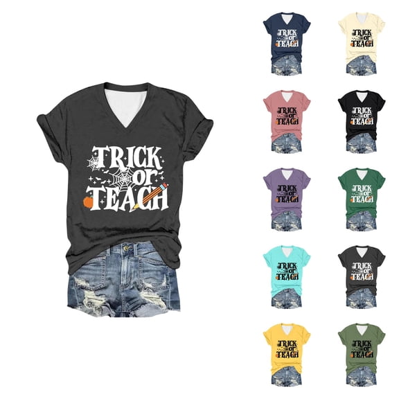 Halloween T Shirts for Women 2025 Trick Or Teach Funny Graphic Tees Short Sleeve V Neck Tshirt Womens T Shirts