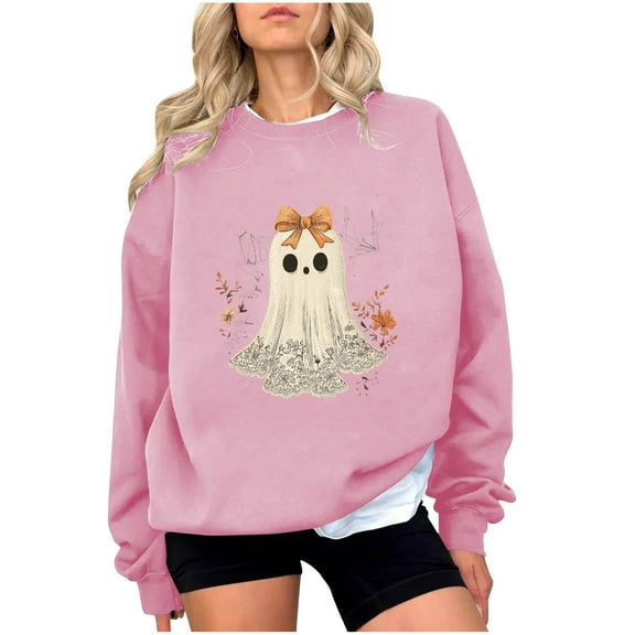 Halloween T Shirts for Women Cute Ghost Fall Spiderweb Bow Graphic Sweatshirts Long Sleeve Spooky Pullover Tops