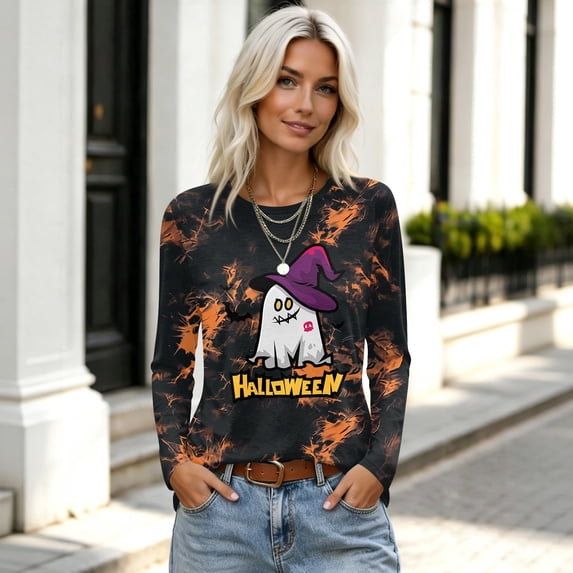 Halloween T Shirts for Women Long Sleeve Crew Neck Pumpkin Ghost Witch Print Fall Tunic Tops Casual Slim Fit Pullover Trendy Tee