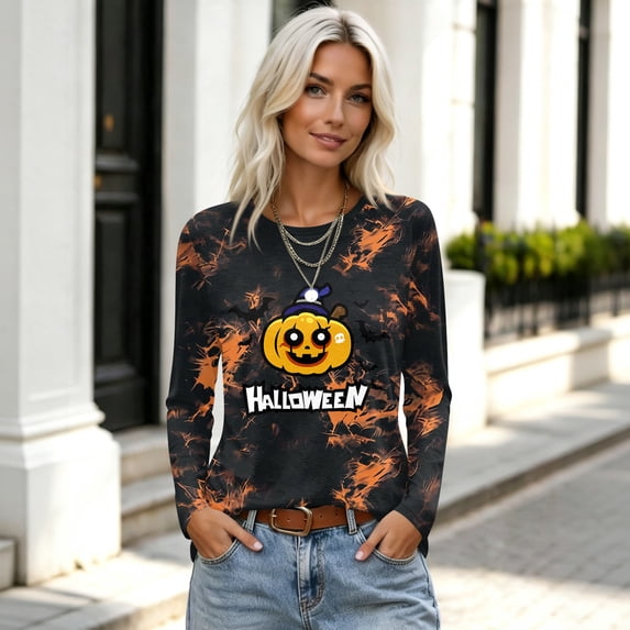 Halloween T Shirts for Women Long Sleeve Crew Neck Pumpkin Ghost Witch Print Fall Tunic Tops Casual Slim Fit Pullover Trendy Tee