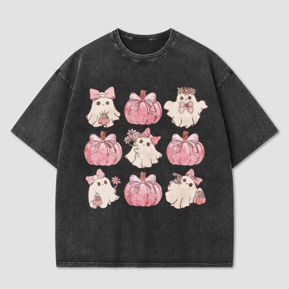 Halloween T-Shirts for Women Short Sleeve Crew Neck Flower Ghost Pumpkin Bowknot Tees Tops