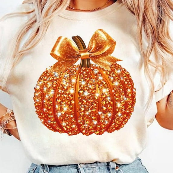 Halloween T-shirt, Disco Pumpkin T-shirt, Glitter pumpkin T-shirt, Pumpkin patch T-shirt, Coquette Bow Pumpkin T-shirt, Fall Vintage Aesthetic, Thanksgiving TH030633